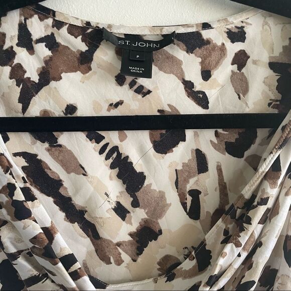 ST JOHN Sleeveless Silk Draped Printed Blouse Tank Top White Tan Black XS/S - Picture 7 of 8